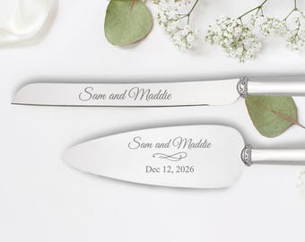 Lenox Bridal Devotion Silver Personalized Wedding Cake Knife and Server Set, Custom Engraved Wedding Cake Cutting Set for Bride and Groom