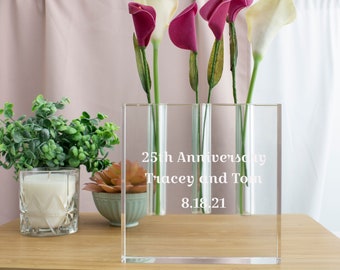 Badash Personalized Triple Play Handcrafted Triple Flower 7x7" Square Crystal Bud Vase / Custom Engraved Glass Stem Vase for Three Flowers