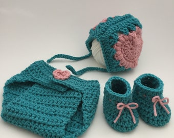 Newborn Crochet Pattern Set- Bonnet, diaper cover and baby booties patterns- Baby hat crochet pattern