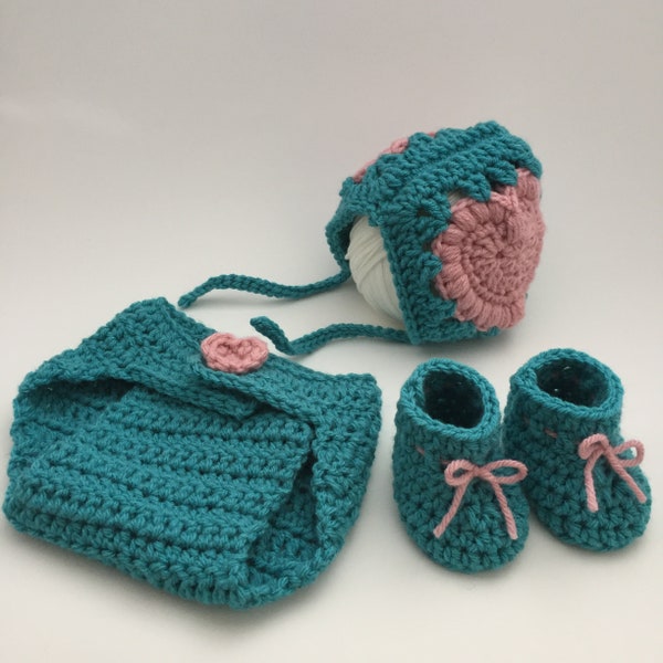 Newborn Crochet Pattern Set- Bonnet, diaper cover and baby booties patterns- Baby hat crochet pattern