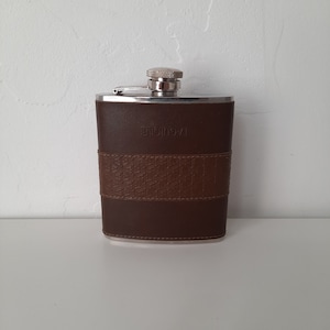 Vintage stainless steel hip flask, glass flask in leather case, 6 oz