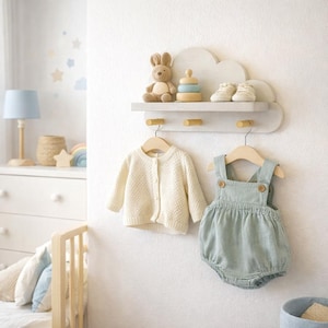 Prateleira cinza com cabideiro para quarto infantil