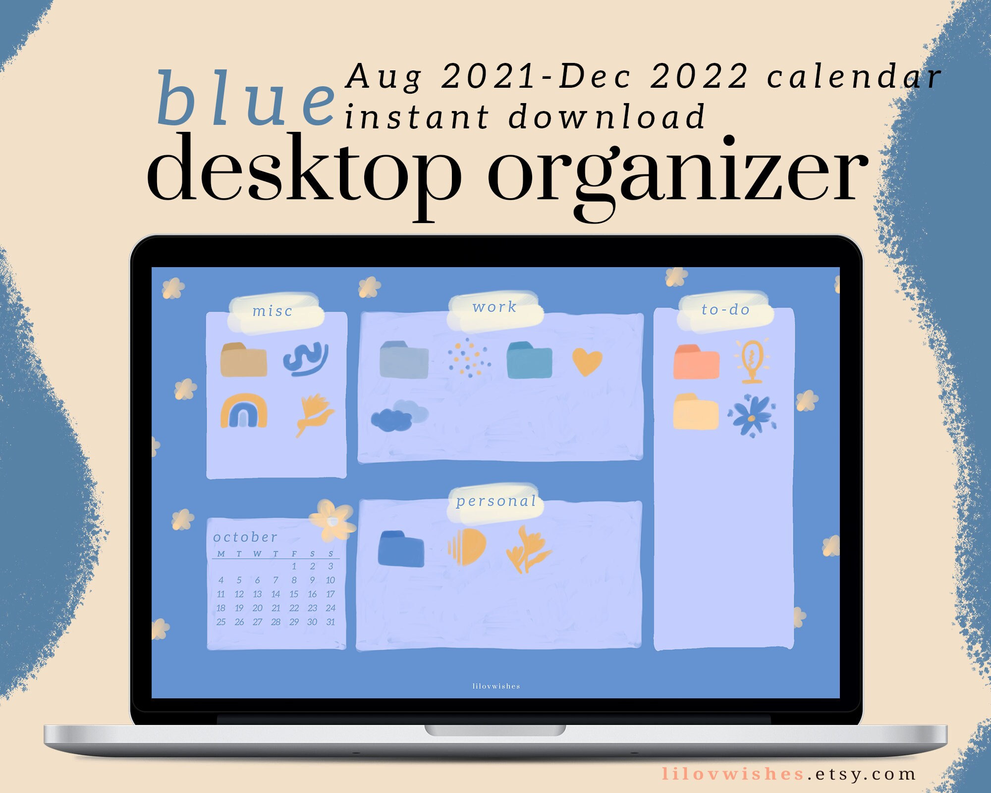 Blue Desktop Wallpaper Organizer For Students Teacher | Etsy