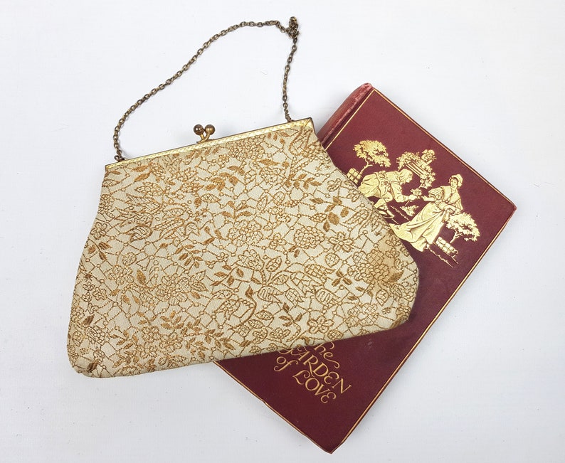1940/'s Gold Embroidered Purse with Brass chain and Caramel Silk Lining