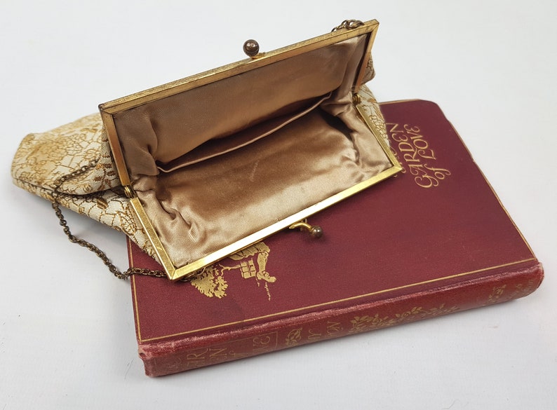 1940/'s Gold Embroidered Purse with Brass chain and Caramel Silk Lining