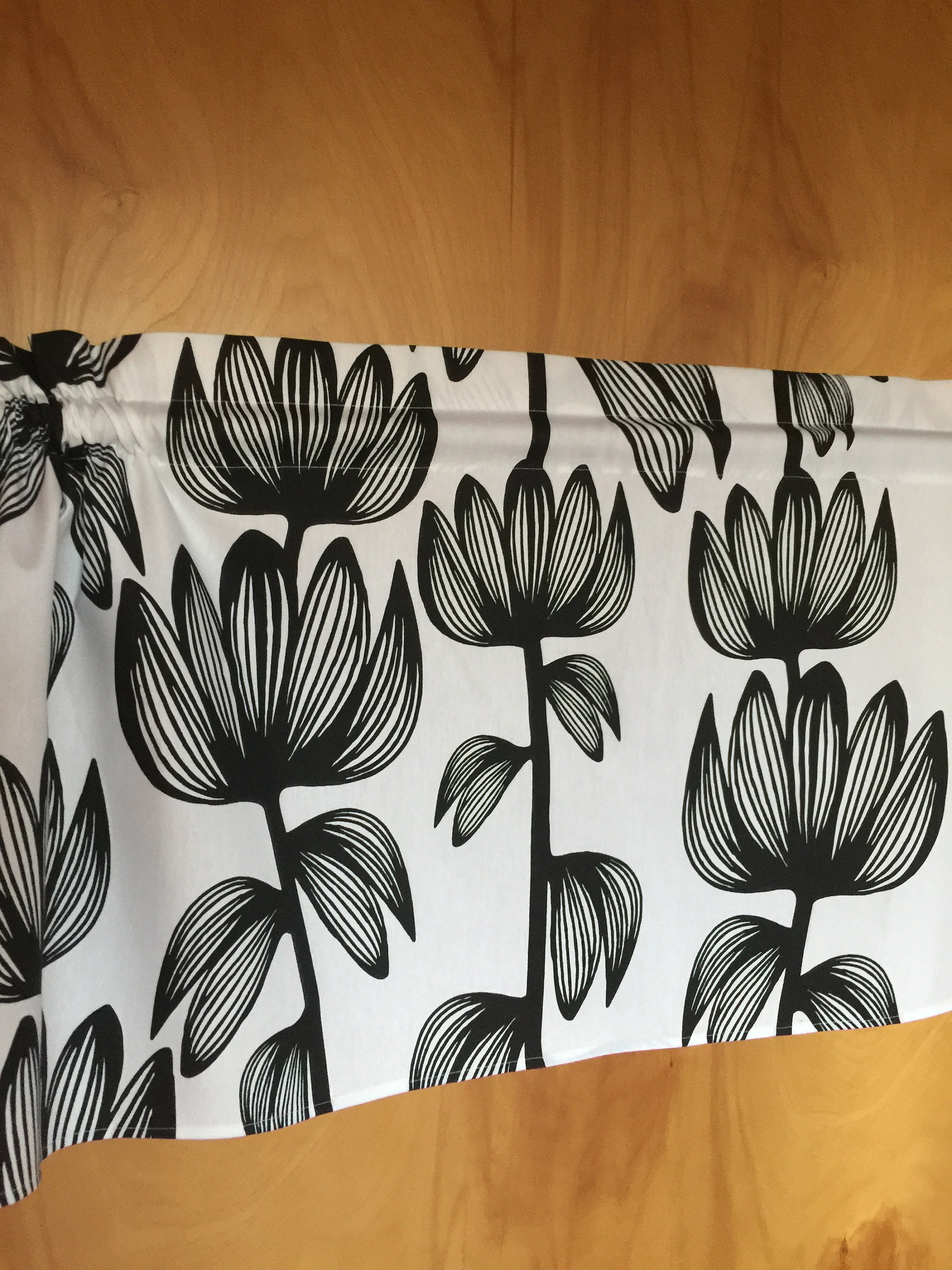 Cotton Curtains Cafe Curtains Kitchen Valance Panels Curtains Black Flowers On White Rod Pocket Curtains