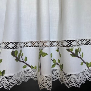 White cotton curtains with linen lace Cafe curtains Kitchen curtains birch branches