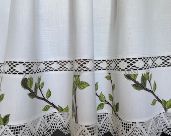 Linen Lace Cafe Curtains: White Cotton Kitchen Curtain, Birch Branch Print