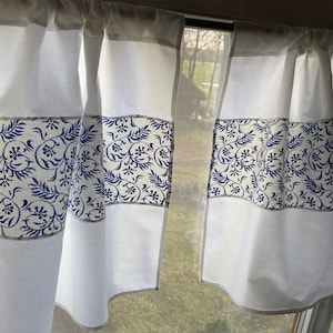 Cafe Curtains Set 2 White Cotton Blue Patterned Linen Curtains Panels Kitchen Curtains Rod Pocket Curtains