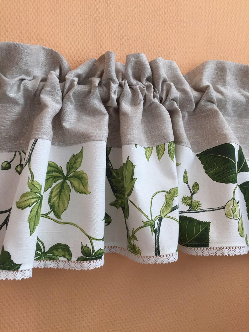 Kitchen Valance Cafe Curtain Green Leaves Valance Two Fabric Etsy
