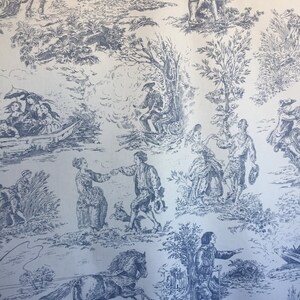 May include: A blue and white toile wallpaper pattern featuring a variety of scenes including people, horses, and trees.