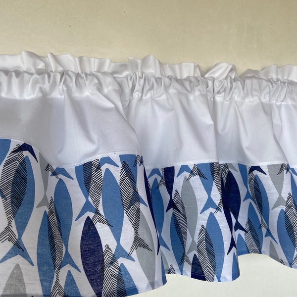 Kitchen Valance Cafe Curtains White Blue Window Treatment Window Valance Cotton Linen Fishes Rod Pocket Valance