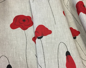 Linen Curtains Cafe Curtains Kitchen Valance Natural beige Poppies Pattern Floral Curtains Linen blend Fabric