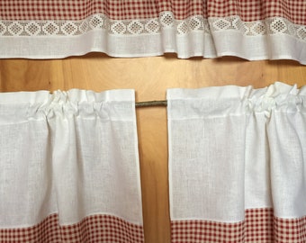 Linen Kitchen Curtains Set 3 Kitchen Valance Cafe Curtains Panels White Red Curtains Lace Window Treatment Checkered