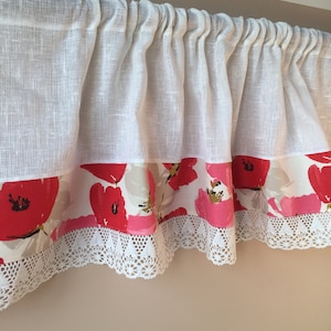 Sheer Linen Valance White Kitchen Curtain Poppies Kitchen Valance Lace
