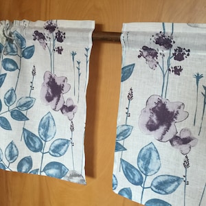 Linen Curtains Cafe Curtains Panels Blue Purple Flower Pattern In White Pair Curtain