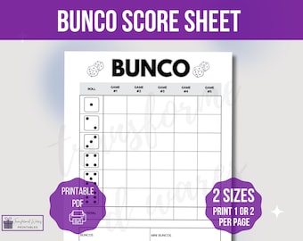 May include: A printable Bunco score sheet with a black and white dice design. The sheet has spaces for five games, with columns for roll, game number, and total score. The sheet also has spaces for buncos and mini buncos.