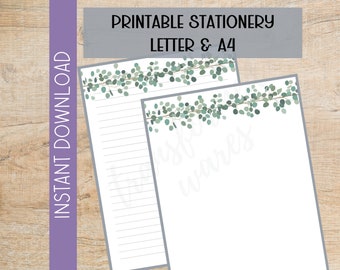 Printable Botanical Letter Writing Paper | Digital Download | Printable Stationery | Eucalyptus Note | A4 | Letter | Lined Unlined Notes