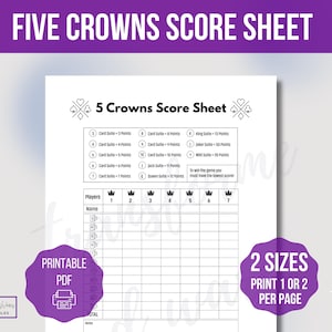 Plantilla de hoja de puntuación de Five Crowns, Hoja de puntuación imprimible de Five Crowns, Hoja de puntuación del juego de cartas Five Crowns, Tarjeta de puntuación de Five Crowns, Noche de juegos