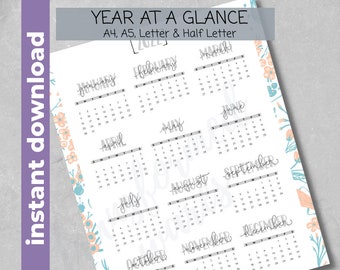 Year at a Glance 2022 Printable | Year at a Glance Calendar | Yearly Calendar 2022 | Desk Calendar | Yearly Overview | Turquoise Peach