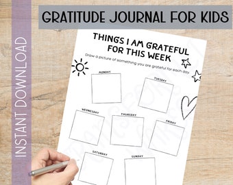May include: A printable gratitude journal for kids with a black and white design. The journal has a title that says "Things I am grateful for this week". There are seven boxes for each day of the week, with a sun, star, and heart icon.