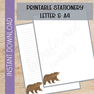 Artigos de papelaria imprimíveis do urso | Papel para escrever carta animal da floresta | Download digital | Carta A4 8,5x11 | Papel de nota para memorando sem forro