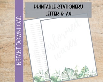 Printable Tropical Leaves Stationery | Greenery Letter Writing Paper | Digital Download | A4 Letter 8.5x11 | Lined Unlined Memo Note Paper