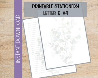 Printable Botanical Letter Writing Paper | Digital Download | Printable Stationery | Eucalyptus Note | A4 | Letter | Lined Unlined Notes