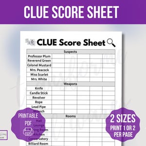 Modèle de feuille de score indice, feuille de score indice imprimable, score du jeu indice, carte de score indice imprimable, jeu de société, détective principal indice