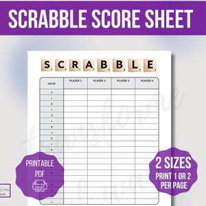 Modèle de feuille de pointage SCRABBLE, feuille de pointage imprimable Scrabble, feuille de pointage de jeu de Scrabble, carte de pointage imprimable Scrabble, soirée jeu de filles