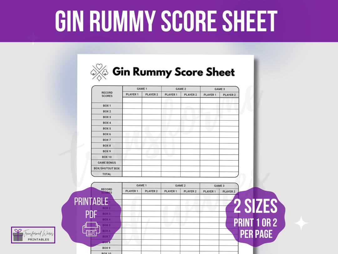 Gin Rummy Score Sheet Template, Printable Gin Rummy Score Sheet, Gin ...