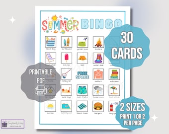 Summer Bingo, 30 Summer Bingo Cards, Summer Game, Summer Activity, Kid's Printable Bingo, Summer Bingo Game for Kids, Summer Vacation Bingo