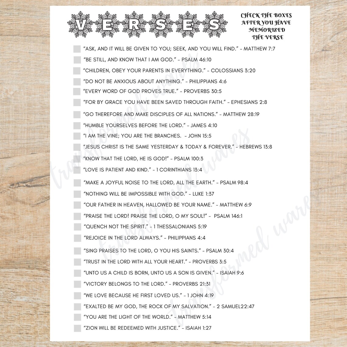 Bible Verse Checklist, Bible Verse Memorization Check List, Scripture ...