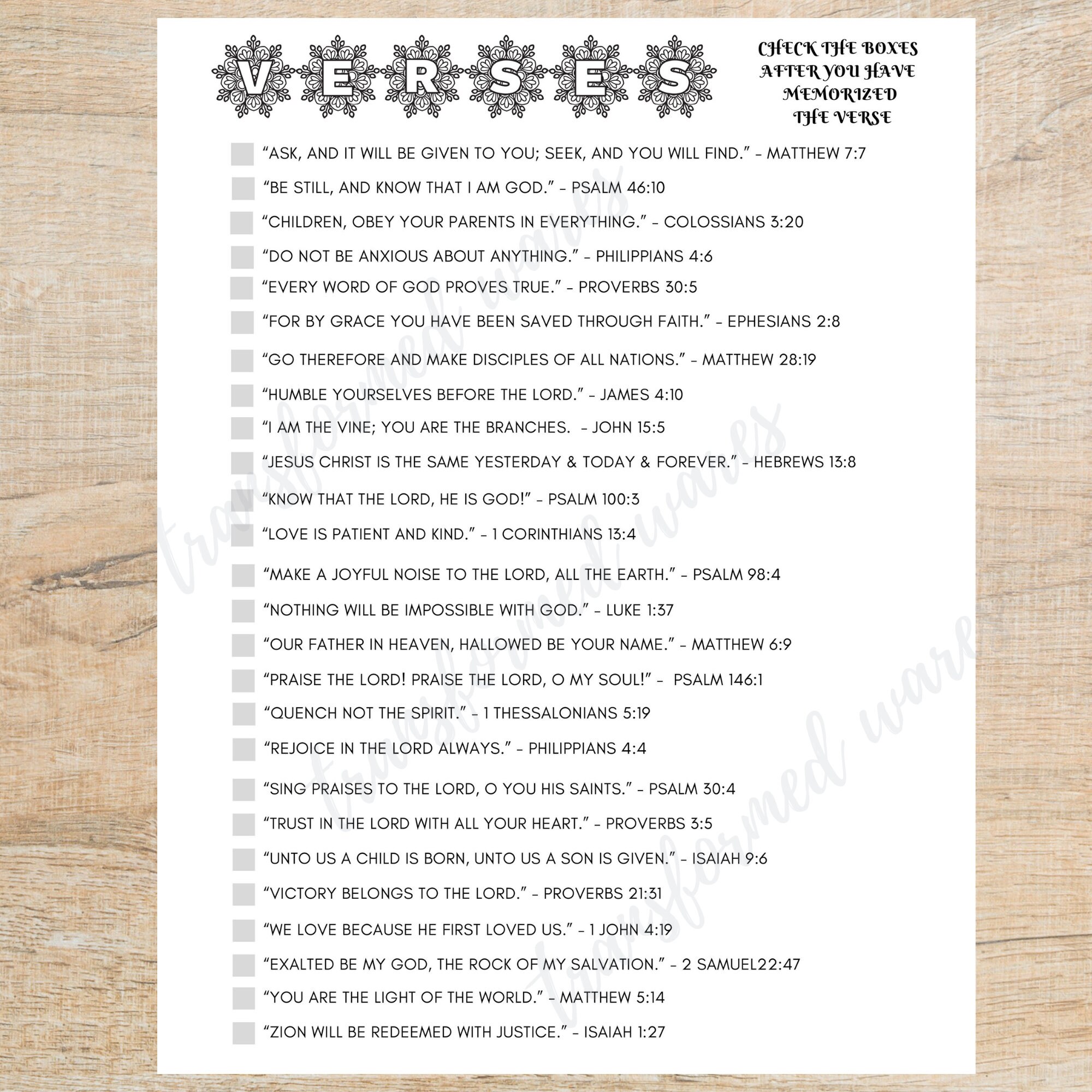 Bible Verse Checklist, Bible Verse Memorization Check List, Scripture ...
