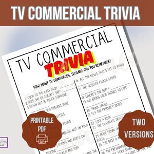 TV Commercial Trivia Game, Ad Slogan Fill in the Blank Quiz, Printable Game for Kids & Adults, Family Game Movie Night, Office Party Games