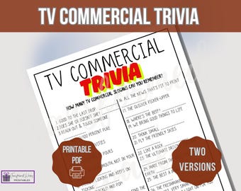 TV Werbung Trivia Spiel, Werbeslogan Füllen Sie den leeren Quiz aus, druckbares Spiel für Kinder und Erwachsene, Familienspiel Filmabend, Büropartyspiele