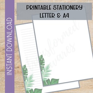Artigos de papelaria tropicais imprimíveis das folhas | Papel para escrever cartas de vegetação | Download digital | Carta A4 8,5x11 | Papel de nota para memorando sem forro