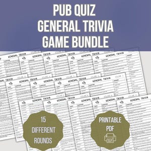 May include: A game bundle with the text "PUB QUIZ GENERAL TRIVIA GAME BUNDLE" in white letters on a dark blue background. The image shows multiple sheets of trivia questions and answers. The image also includes the text "15 DIFFERENT ROUNDS" and "PRINTABLE PDF".