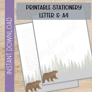 Artigos de papelaria imprimíveis do urso | Papel para escrever carta animal da floresta | Download digital | Carta A4 8,5x11 | Papel de nota para memorando sem forro