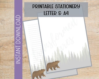 Printable Bear Stationery | Woodland Animal Letter Writing Paper | Digital Download | A4 Letter 8.5x11 | Lined Unlined Memo Note Paper