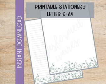 Printable Botanical Letter Writing Paper | Digital Download | Printable Stationery | Eucalyptus Note | A4 | Letter | Lined Unlined Notes