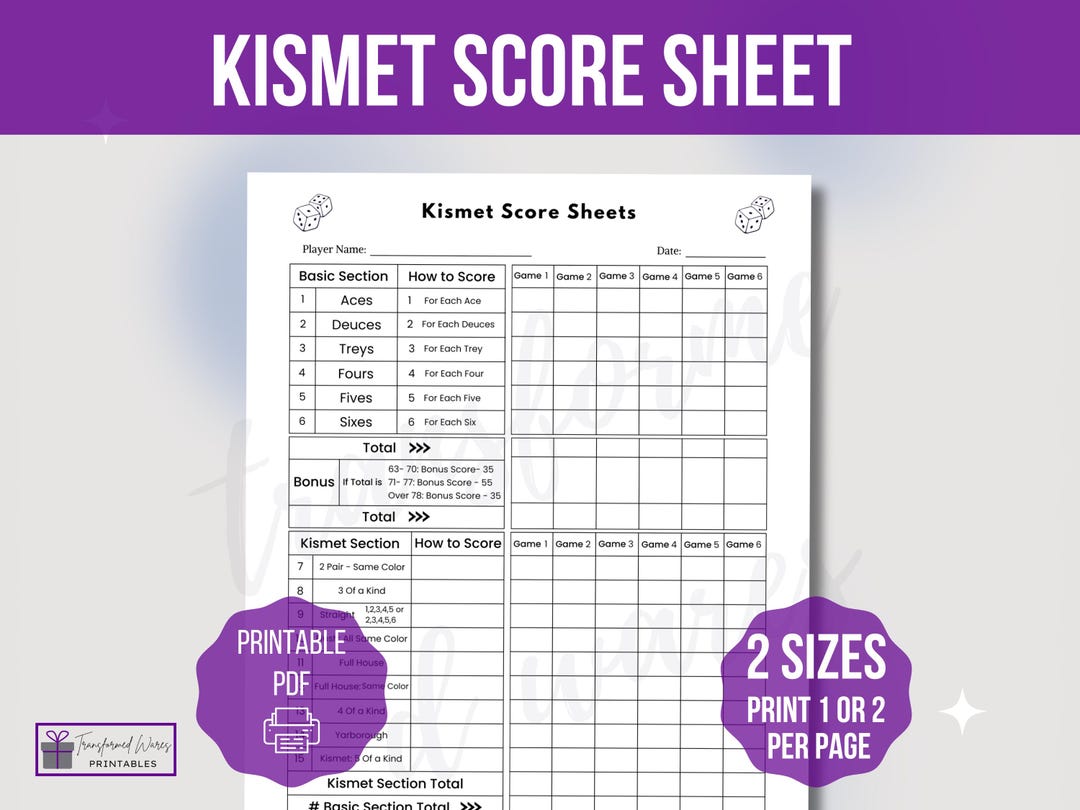 Kismet Score Sheet Template, Printable Kismet Score Sheet, Kismet Game Score Sheet, Printable ...