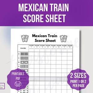 Peut inclure: Feuille de score imprimable pour le jeu de train mexicain avec un motif de dominos noir et blanc. La feuille a des espaces pour un maximum de huit joueurs et comprend une section pour le score total de chaque joueur.