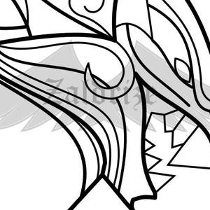 May include: Black and white line art illustration of a stylised dragon head with sharp teeth and intricate details.