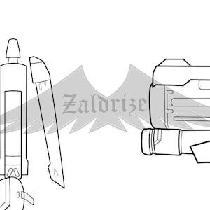 Puede incluir: Dibujo de línea de un arma futurista con un cañón largo y un cargador extraíble. El arma tiene una mira telescópica y un mango. El dibujo está en blanco y negro.