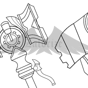 May include: A black and white line drawing of two steampunk-style weapons. One is a hammer with a large gear on the side and the other is a shield with a gear on the side.