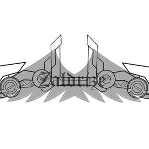 Puede incluir: Un dibujo en blanco y negro de un vehículo futurista con alas. El vehículo tiene un cuerpo central con dos juegos de ruedas y dos juegos de alas que se extienden hacia los lados. Las alas están formadas por múltiples paneles superpuestos.