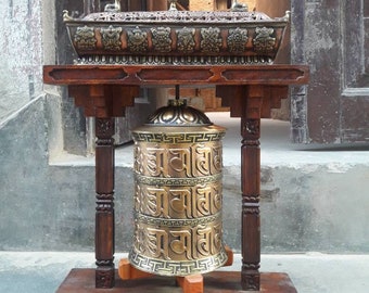 Tibetan Prayer Wheel.Desk with Incense Burner.Vintage.OM Sanskrit .Mantras Om Mani Padme Hum. Brings peace,prosperity,love and compassion.