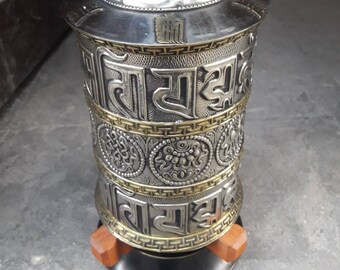 Tibetan Prayer Wheel Desk. Vintage.Mantras Om Mani Padme Hum and 8 Auspicious Symbols. Bring Peace,Prosperity,Love and Compassion.