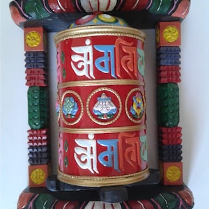 Handcrafted Wooden Buddhist Prayer Wheel , vibrant hand painted sanskrit mantra . Tibetan Buddhist Meditation Tool.